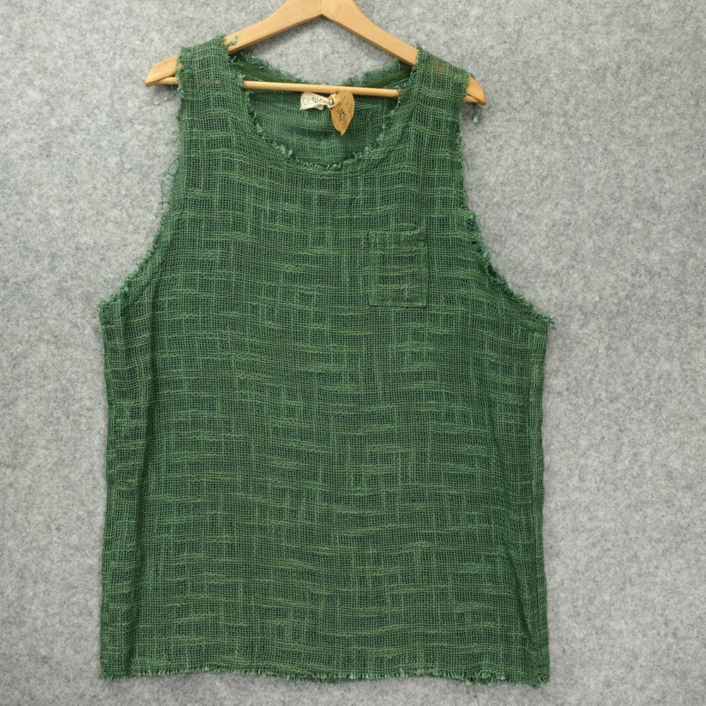 Green Raw Cotton Tank Top Mens M L Open Weave Frayed Coastal Beach Artisan NEW